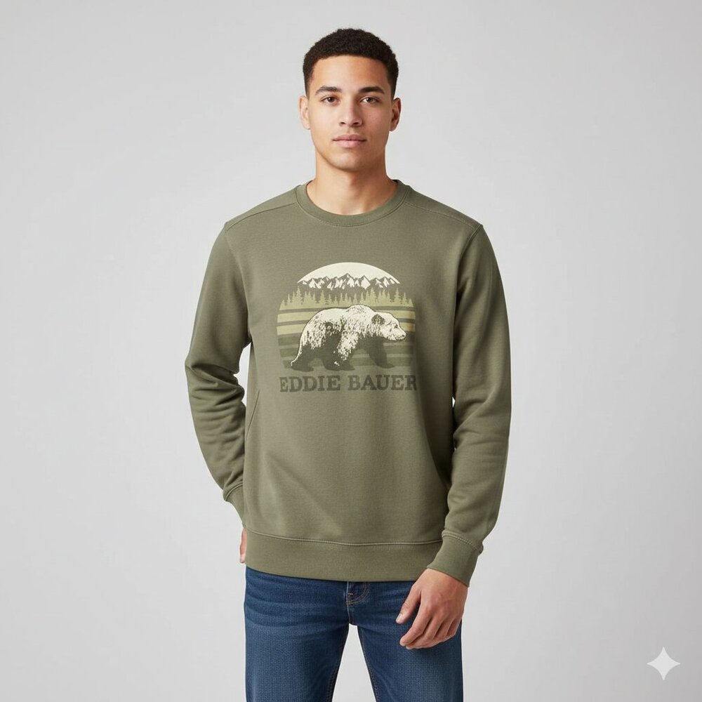 NWOT Eddie Bauer Men's Sweatshirt Bear Olive Crewneck lightweight Size US S